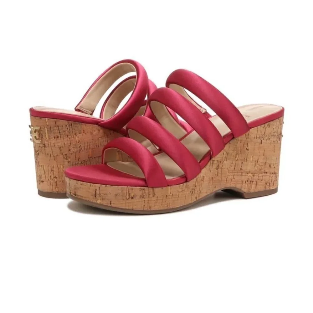 Sam Edelman Womens Red Satin Strappy Open Toe Cork Wedge Sandals Sz 9 M New